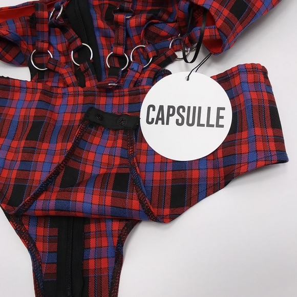 DOLLS KILL Silky Lined Red Plaid Bodysuit w Straps & O-Rings NWT Sz S - Picture 3 of 16